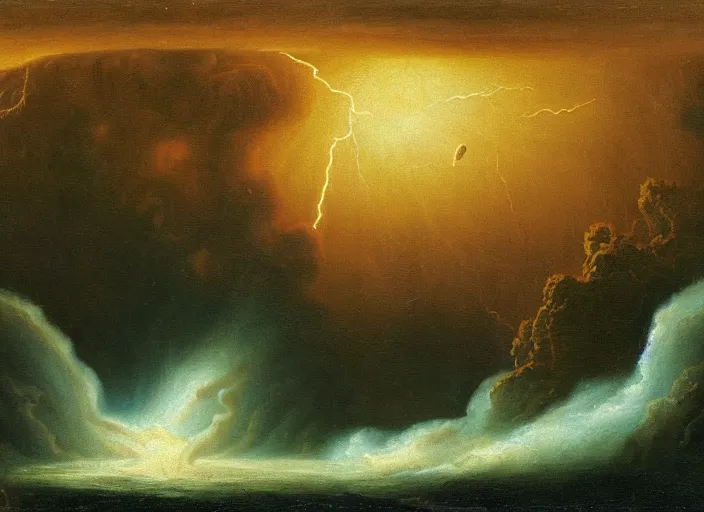 Image similar to earth during the cretaceous – paleogene extinction event, just as the asteroid is colliding with earth, thunderstorms and hellfire, in the style of hudson river school of art, oil on canvas