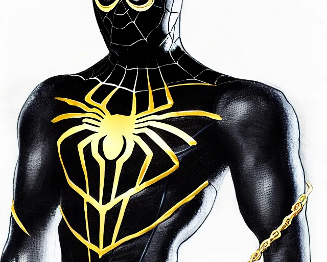 Image similar to photorealistic sketch of black spider - man with gold webbing