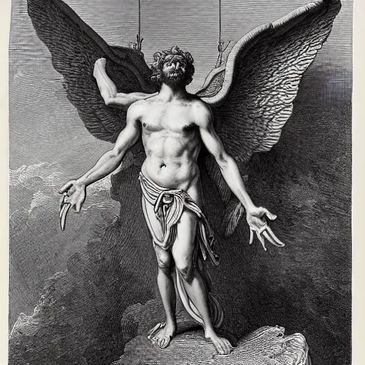 Prompt: a small man standing in front of a massive winged demon, highly detailed, Biblical, high contast, in the style of Gustave Dore