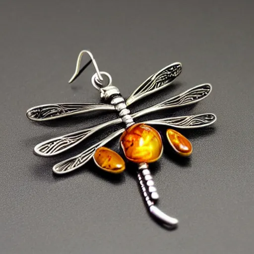 Prompt: abstract dragonfly morphing jewelry silver amber