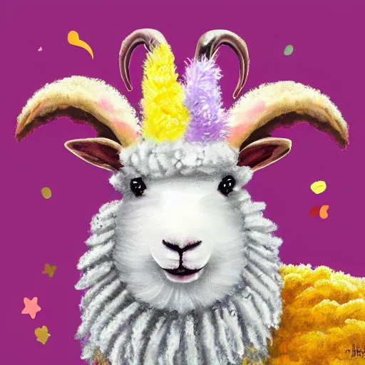 Prompt: cute wooly sheep with long fluffy bunny rabbit ears and colorful mohawk hairstyle hybrid animal detailed painting 4 k