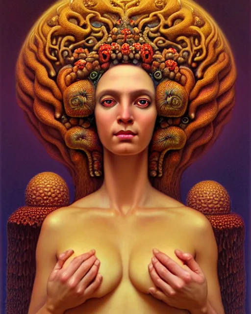 Image similar to portrait of the goddess of fungi, unusual beauty, emotionally evoking symbolic metaphors, head in focus, fantasy, ornamental, intricate, elegant, sensual, highly detailed digital painting, artstation, concept art, painterly, golden ratio, sharp focus, illustration, art by John William Godward and Boris Vallejo and Zdzisław Beksiński,