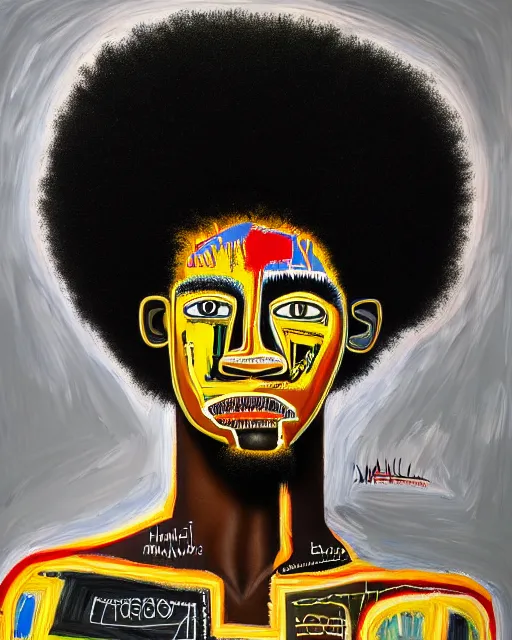 Image similar to A extremely ultra highly detailed majestic hi-res beautiful immaculate head and shoulders award winning painting stunning masterpiece of the face of a strong black african warrior man with an afro by Jean-Michel Basquiat, 8k, high textures, ultra hyper sharp, insanely detailed and intricate, super detailed, 8k HDR ultra high quality