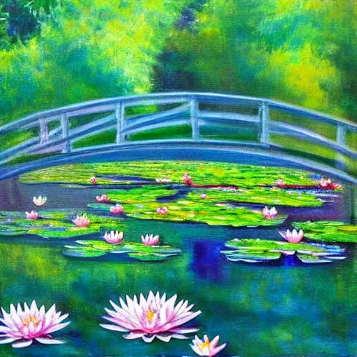 Prompt: A beautiful painting of a waterlily pond, fractalism