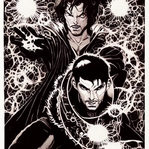 Image similar to pen and ink!!!! attractive 22 year old Dr. Strange Gantz marvel monochrome!!!! Frank Zappa x Ryan Gosling comic book Vagabond!!!! floating magic swordsman!!!! glides through a beautiful!!!!!!! battlefield magic the gathering dramatic esoteric!!!!!! pen and ink!!!!! illustrated in high detail!!!!!!!! graphic novel!!!!!!!!! by Hiroya Oku!!!!!!!!! and Frank Miller!!!!!!!!! published by Cartoon Network Adult Swim!! MTG!!! 2049 award winning!!!! full body portrait!!!!! action exposition manga panel