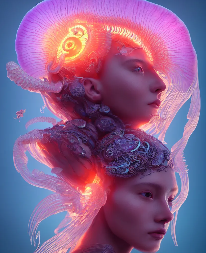 Image similar to goddess close-up portrait. orchid jellyfish phoenix head, nautilus, skull, betta fish, bioluminiscent creatures, intricate artwork by Tooth Wu and wlop and beeple. octane render, trending on artstation, greg rutkowski very coherent symmetrical artwork. cinematic, hyper realism, high detail, octane render, 8k