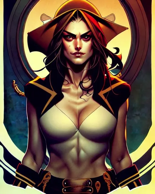 Image similar to artgerm, joshua middleton comic cover art, pretty pirate phoebe tonkin smiling, full body, symmetrical eyes, symmetrical face, long curly black hair, on a pirate ship background, warm colors