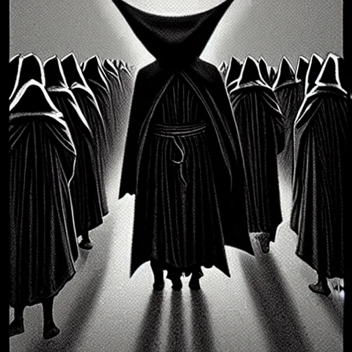 Prompt: the hooded messiah dressed in black robes leads his dark army towards the light, iconic, hero, silhouette, fantasy, epic, large scale, D&D, raphaelite, louvre