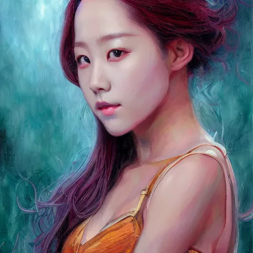 Image similar to a painting of jisoo of blackpink in the style of donato giancola, and in the style of charlie bowater, and in the style of jules ferdinand jacquemart, symmetry, smooth, sharp focus, semi - realism, photo realistic, dynamic lighting, artstation, poster, volumetric lighting, very detailed face, intricate complexity, 8 k, award winning
