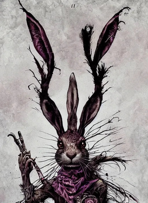 Prompt: the march hare, death tarot card, highly detailed, cinematic, 8 k, by megan duncanson, benjamin lacombe, adrian borda, stanley artgermm, tom bagshaw, craig mullins, carne griffiths, ayami kojima, beksinski, giger, trending on deviantart, hyper detailed, horror, full of colour