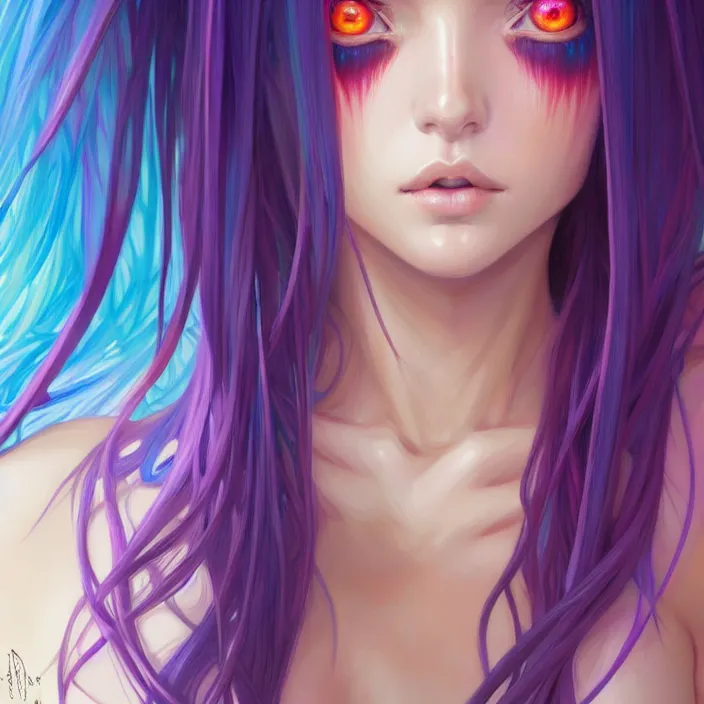 Image similar to portrait of beautiful symmetrical anime girl, rainbow hair, attractive, casual, modern, victoria's secret, highly detailed, digital painting, artstation, concept art, smooth, sharp focus, illustration, art by moebius, artgerm, greg rutkowski and alphonse mucha, 8 k,