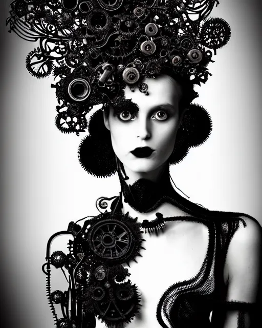 Image similar to surreal dark poetic black and white photo portrait of complex bio-mechanical beautiful young silver female vegetal-cyborg with a Mandelbrot fractal steampunk metal fine lace face, a very long neck and a fine metal floral foliage super big lace collar by Vivienne Westwood:: smoke, high fashion, haute couture, rococo, steampunk, avant-garde, silver filigree details, anatomical, facial muscles, cable wires, microchip, elegant, dreamy, foggy atmosphere, hyper realistic, 150 mm lens, soft rim light, octane render, unreal engine, picture was taken in 1910 by Man Ray, volumetric lighting, dramatic light,8k,