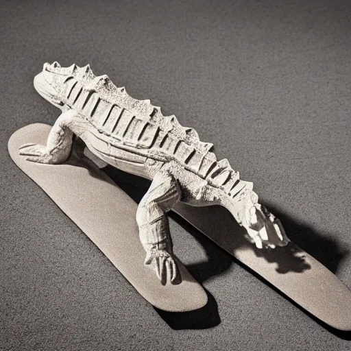 Image similar to rough plaster sculpture of an alligator on a skateboard, high resolution photograph, strong directional light, strange atmosphere