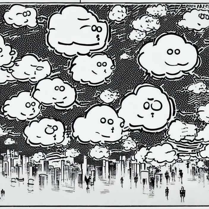 Prompt: a still frame from comic strip a scheme of the smiling cloud 1 9 5 0, herluf bidstrup, new yorker illustration, monochrome contrast bw, vector lineart graphics, manga, tadanori yokoo, simplified,