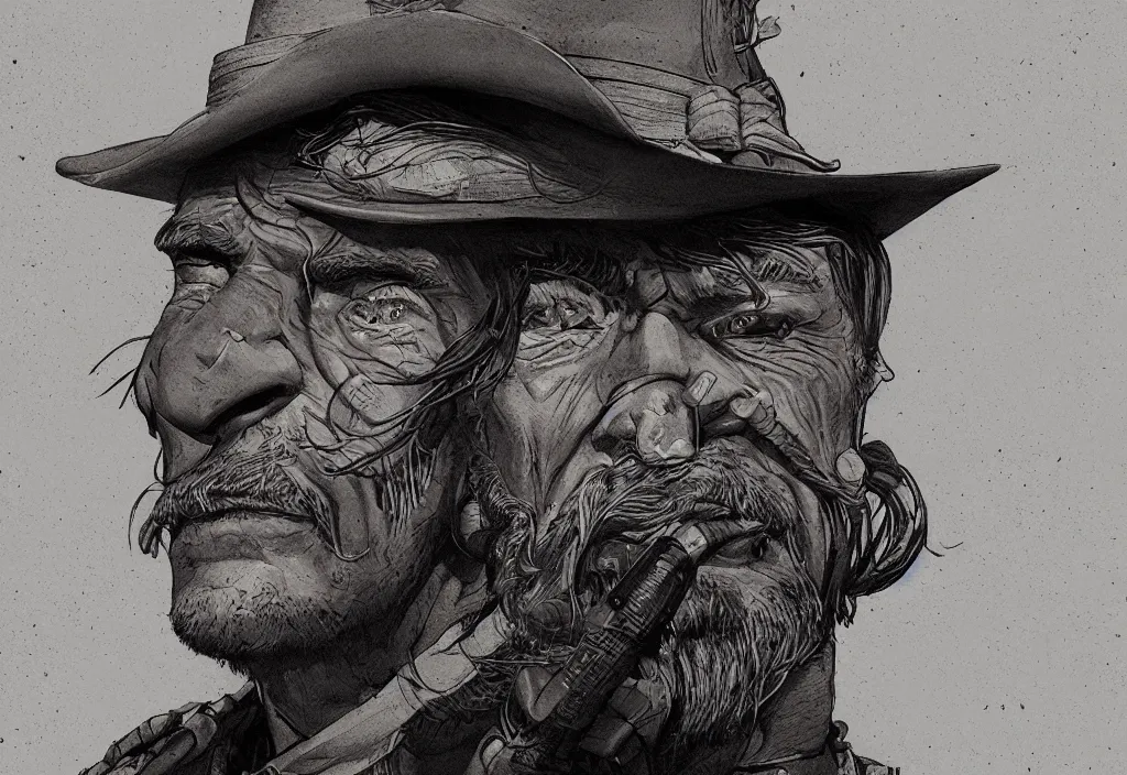 Prompt: handmade illustration of a portrait of an archetypical Old West cowboy, male, detailed face, anatomically correct, line art, ink, watercolor by Kilian Eng and by Jake Parker, winning-award masterpiece, fantastic, octane render, 8K HD Resolution, High quality image