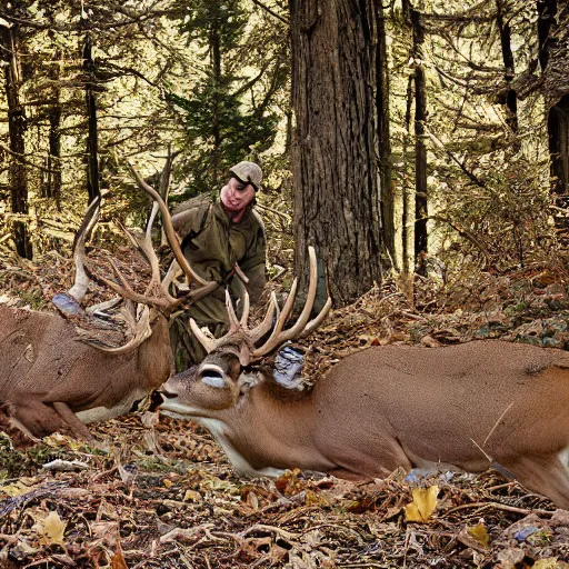 Image similar to deers hunting a hunter, realistic hektachrome, national geographic,