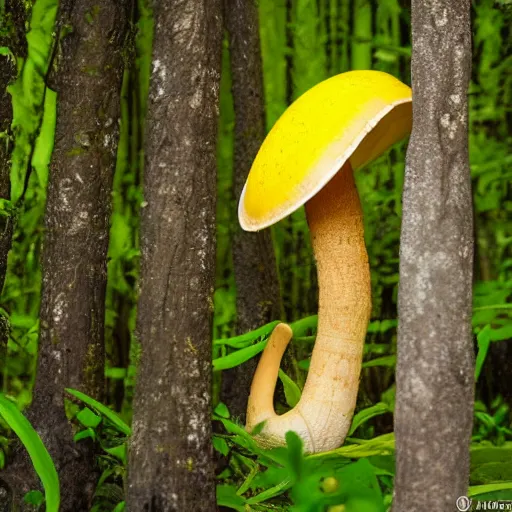 Prompt: a yellow poisonous mushroom in a dark lush forest, canon - n 9