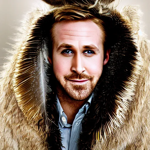 Image similar to portrait of ryan gosling dressed as a canada goose, feather suit, natural light, sharp, detailed face, magazine, press, photo, steve mccurry, david lazar, canon, nikon, focus