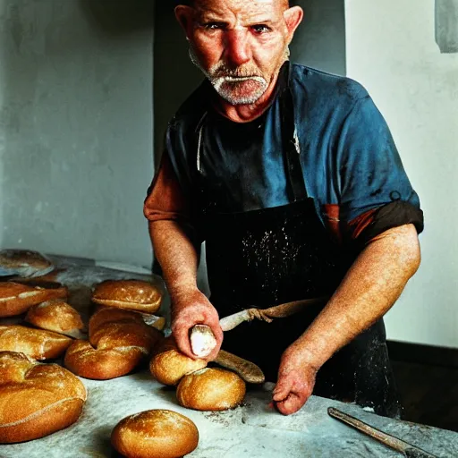 Image similar to portrait of a baker fighting bread trying to escape the oven, by Steve McCurry and David Lazar, natural light, detailed face, CANON Eos C300, ƒ1.8, 35mm, 8K, medium-format print