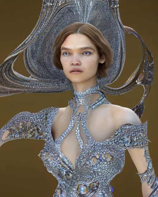 Image similar to a highly detailed metahuman 8 k close up render of natalia vodianova renaissance in iris van herpen dress schiaparelli in diamonds crystals swarovski and jewelry iridescent in style of alphonse mucha gustav klimt trending on artstation made in unreal engine 4