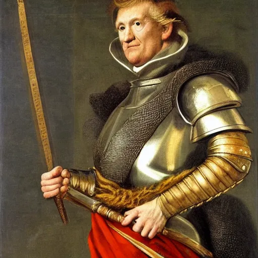 Image similar to donald trump, donald trump, wearing knight ’ s armor, holding a spectacular broadsword, by annibale carracci, two arms, two legs, donald trump, symmetrical face, highly detailed face, perfect face