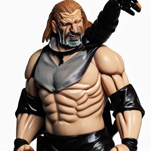 Image similar to Full body shot of a highly detailed flexible Triple H vinyl plastic figurine as a villain, highly detailed face, white background, 3d, high quality, depth of field, high contrast, 8k, concept art, smooth, sharp focus, highly detailed, wrestling, WWE