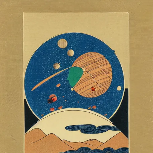 Prompt: A planet collision in the style of Ukiyo-e, explosions, outer space, aerial view
