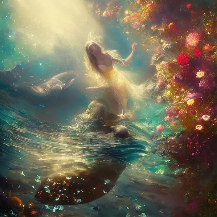 Image similar to glimmering whale, flowing dress, flowers, cosmos, milky way galaxy, golden hour, god rays, coral reef, dreamscape by artgerm and ruan jia and ismail inceoglu and greg olsen, masterpiece, beautiful, intricate, elegant, highly detailed