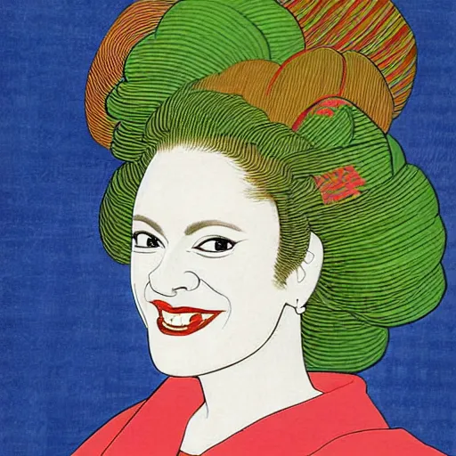 Prompt: very detailed and colorful portrait of bernadette peters smiling, painted in the ukiyo - e style