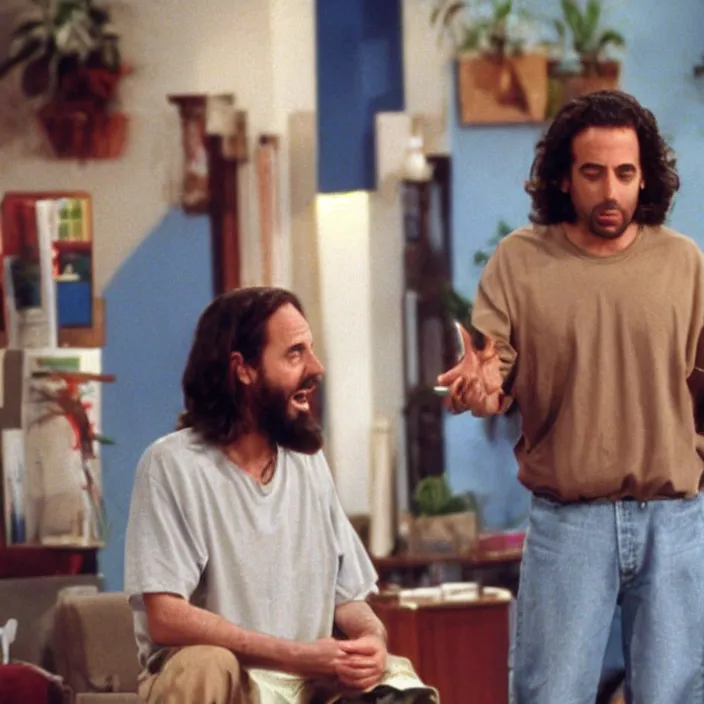 Image similar to Photo still of Jesus Christ in 1990s clothing talking with young Jerry Seinfeld, in the style of the TV show Seinfeld (1994)