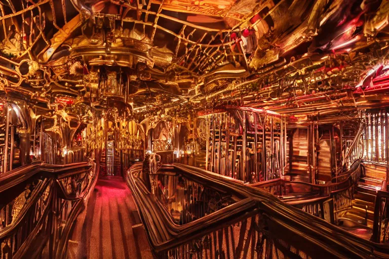 Prompt: the interior of the organ room at house on the rock made of red carpet and black wrought - iron, and is full of curved elevated walkways, interwoven catwalks, spiral ramps, and twisted staircases that are surrounded by cluttered arrangements of parts of pipe organs, clock gears, and engine components.