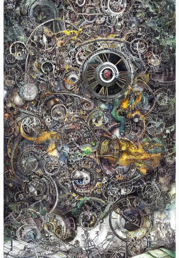 Image similar to simplicity, elegant, muscular eldritch clockwork, machinery, industry, radiating, colorful mandala, psychedelic, overgrown garden environment, by ryan stegman and esao andrews and maria sibylla merian eugene delacroix, gustave dore, thomas moran, pop art, street art, graffiti, saturated