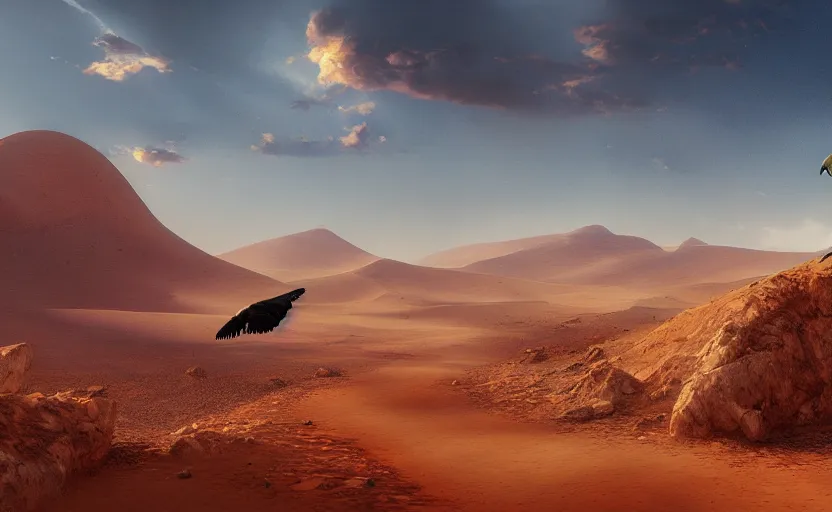 Prompt: A matte painting of a single vulture in the desert, trending on artstation, vibrant, cgsociety