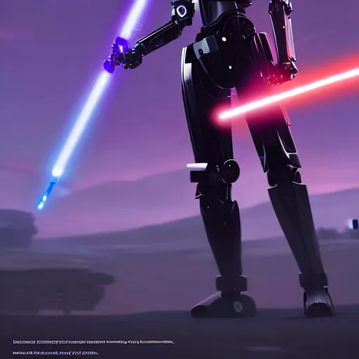 Image similar to robot wielding lightsaber in front of a violet planet, unreal engine, featured on cgsociety, trending on artstation, detailed, scifi futuristic character concept, greg rutkowski, movie poster, octane render, hyperrealistic, cinematic