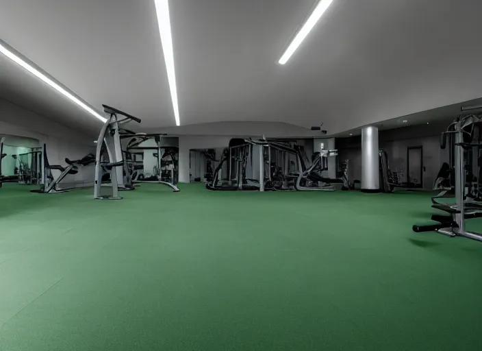 Image similar to photograph of a gym build on a bunker, cinematographic, sharp focus, elegant, green light