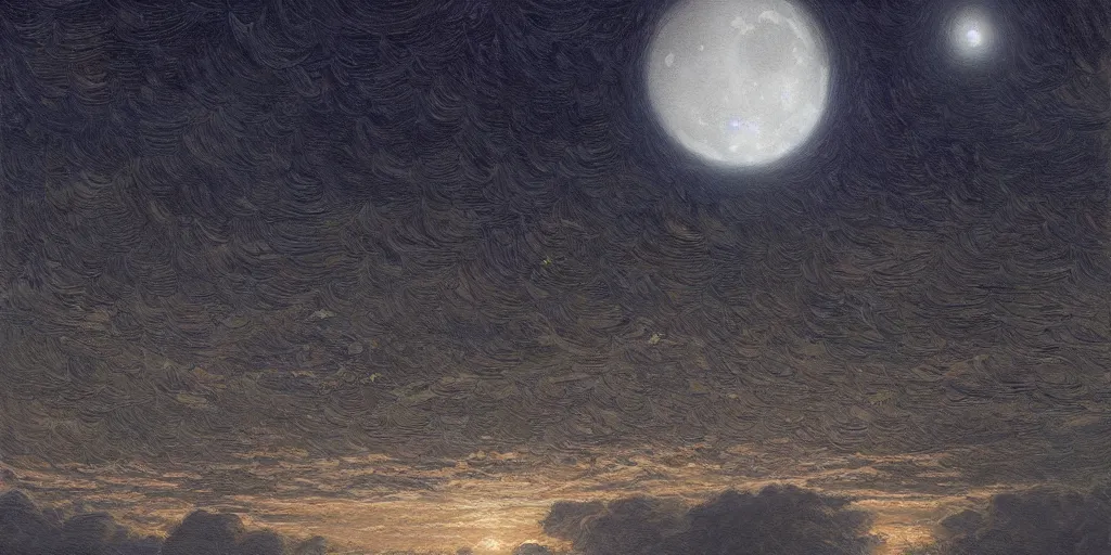 Prompt: the cloudy moonlit sky, landscape art by donato giancola and greg rutkowski, digital art, trending on artstation, symmetry!!, volumetric lighting, hdr, high contrast starry night