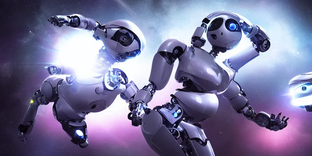 Image similar to futuristic robot babies with rgb ambient lighting eye implants. the robots wears spacesuits, and explores the cosmos on rocket space jet skis. science fiction blockbuster movie teen nebulous or my robot ate my homework, dramatic lighting, interstellar film ( 2 0 1 4 )