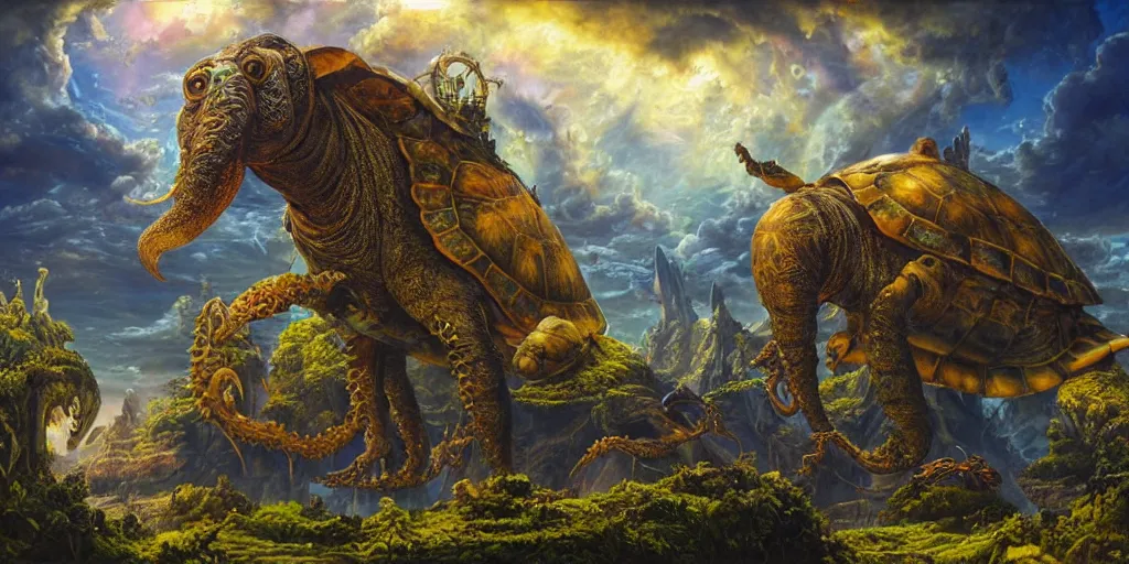 Image similar to fantasy oil painting, great leviathan, cybernetic turtle cephalopod terrapin reptilian pachyderm squid, hybrid, anubis, epic, natural light, lush plants flowers, spectacular mountains, bright clouds, ufo, luminous sky, outer worlds, golden daple lite, craig mullins, michael cheval