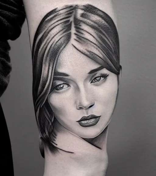 Image similar to tattoo design sketch of a beautiful girl portrait and a faded mountain background, in the style of den yakovlev, black and white, realism tattoo, hyper realistic, highly detailed