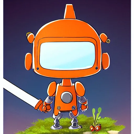 Image similar to cute little robot with tomato head and a carrot sword, made in abyss style standing on a forest