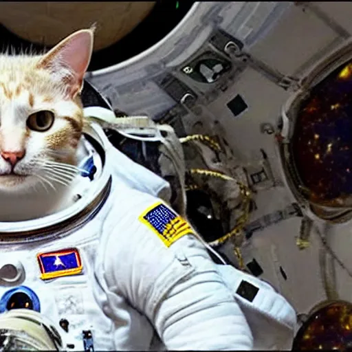 Prompt: a cat astronaut : 1 0 0 in space looking at the moon : 5 0