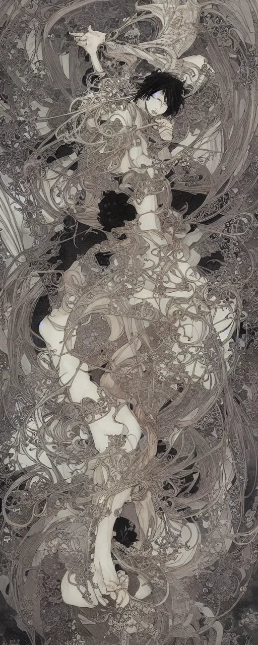 Image similar to yoshitaka amano anime painting, intricate line drawings, pen and ink, alphonse mucha, claire wendling, kentaro miura, ruan jia