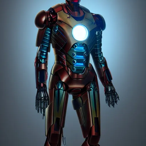 Prompt: steampunk Iron Man by H.R. Giger, full body details, smooth, sharp focus, illustration, realistic, cinematic, artstation, award winning, rgb, ethereal blue lighting, 8K, H 1088