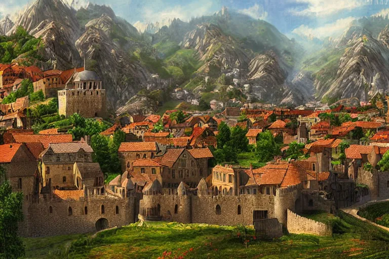 Prompt: a medieval city nestled within a valley protected by walls, digital art