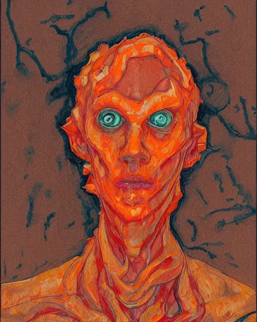 Image similar to portrait of orange cthulhu by greg rutkowski in the style of egon schiele