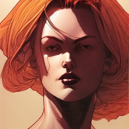 Prompt: a beautiful comic book illustration of a red-headed woman with white shirt by Jerome Opeña, featured on artstation