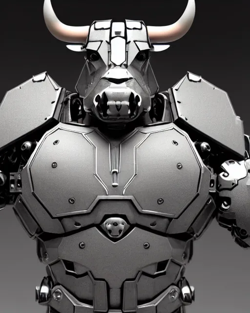 Prompt: a full body shot of a imposing cyborg ( bull ) modeled after a bull with open eyes looking into the camera, hard rubber chest, intricate pattern, highly detailed, android, cyborg, full body shot, intricate, 3 d, hyper realism, symmetrical, octane render, strong bokeh, fantasy, highly detailed, depth of field, digital art, artstation, cinematic lighting