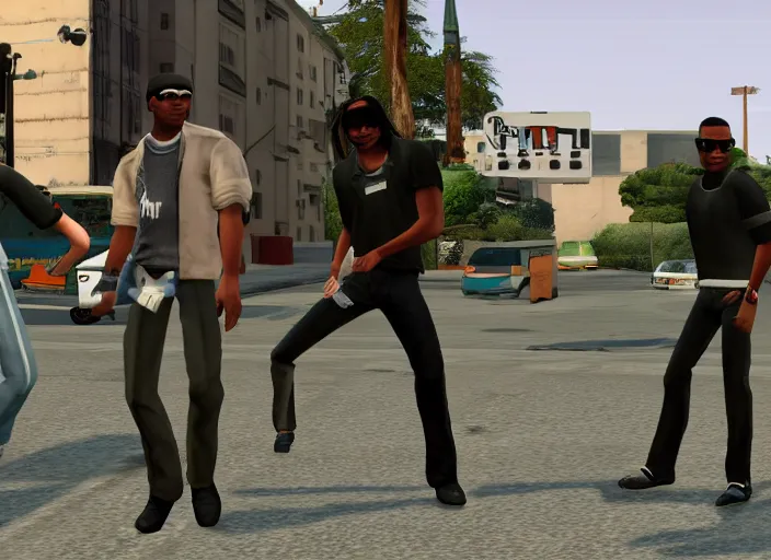 Prompt: Michael Jackson and Carl Johnson armed in Groove Street