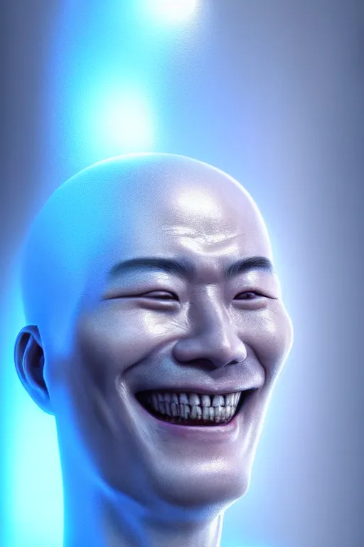 Image similar to hyperrealistic close-up translucent exoskeleton!! smiling chinese man covered highly detailed concept art eric zener elson peter cinematic side soft blue light high angle hd 8k sharp shallow depth of field