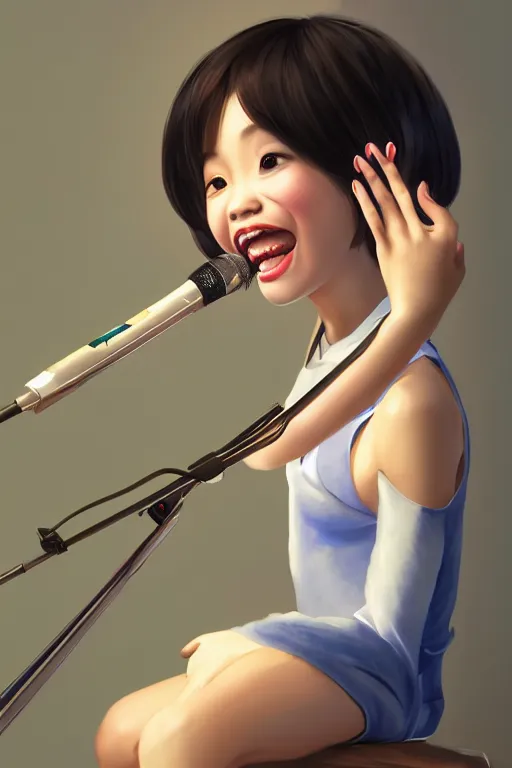 Prompt: a painting of cute Asian girl singing, short hair, in the style of DreamWorks animation, low angle view, 16mm lens, award winning, hyper detailed, dramatic lighting, artstation, octane renderer, unreal engine